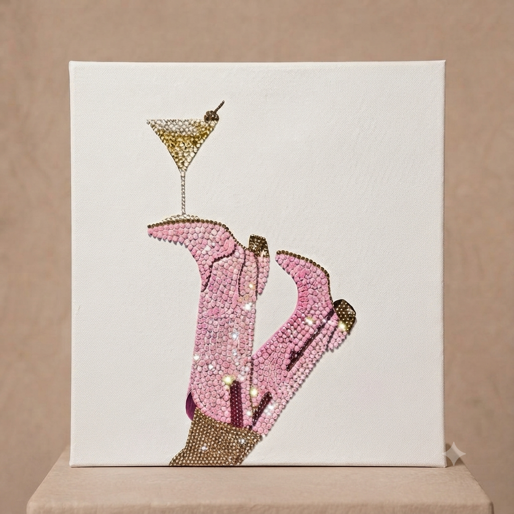 Haft Diamentowy Różowe Kowbojki z Drinkiem – Zestaw Diamond Painting